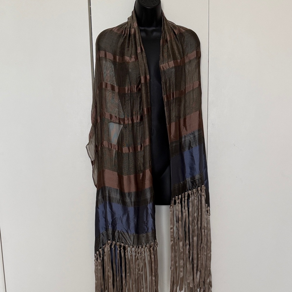 Giorgio Armani Silk Striped Fringe Scarf in Brown, Blue, and Taupe